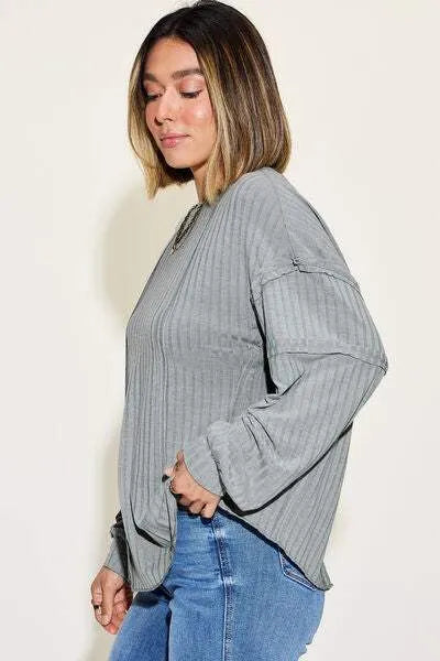 Basic Bae Full Size Ribbed Round Neck Long Sleeve T-Shirt Women's T-Shirts - Tophatter Daily Deals